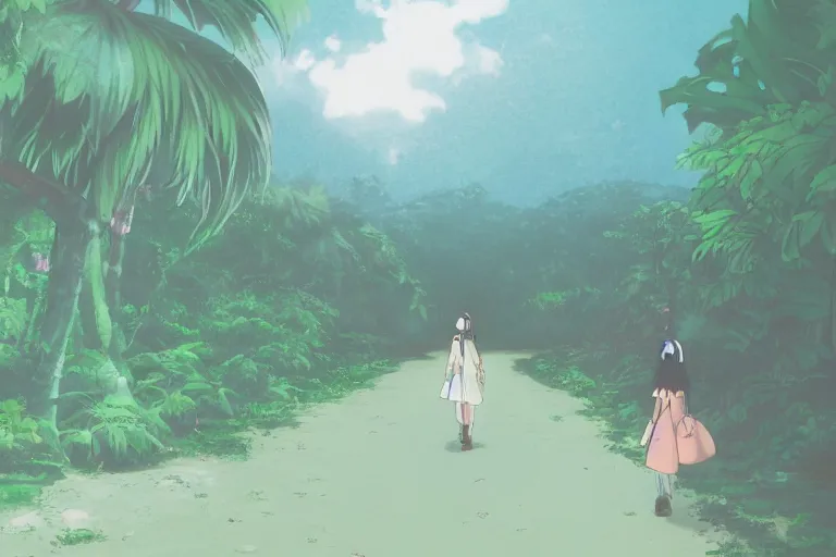 Prompt: anime woman walking, tropical island, night time, wide angle, by studio ghibli, yuumei, anime, hazy, foggy, ambient lighting, cottagecore,