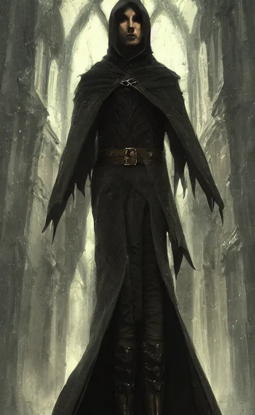 Image similar to Portrait of an elf in a black cloak with black boots, male, detailed face, fantasy, highly detailed, cinematic lighting, digital art painting by greg rutkowski