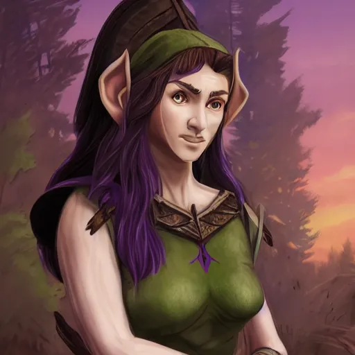 Image similar to athena as a medieval fantasy wood elf, dark purplish hair tucked behind ears, wearing a green tunic with a fur lined collar and brown leather armor, wide, muscular build, scar across nose, one black, scaled arm, cinematic, character art, digital art, forest background, realistic. 8 k,