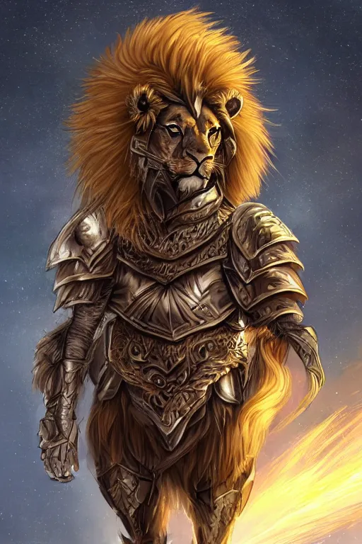 Image similar to portrait of a lion man wearing armor, detailed fur, mane tied into ponytail, fursona, furry art, anime art style