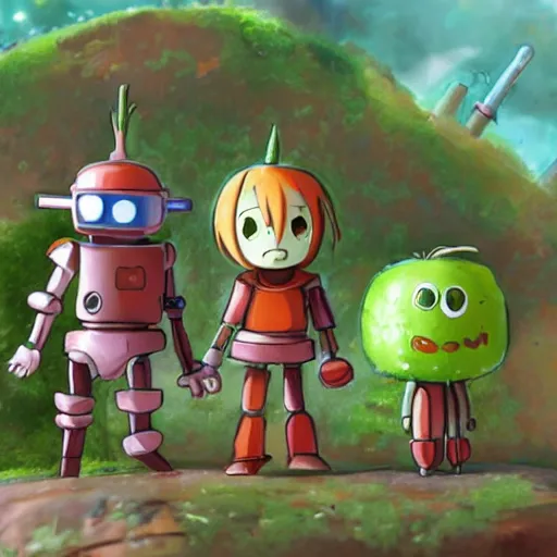 Image similar to cute little robot made of vegetables, tomato head and a carrot sword, made in abyss style standing on a forest