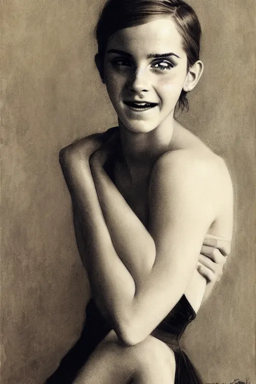 Prompt: emma watson smiling laughing alexander mcqueen gathered faille v - neck mini dress smiling detailed portrait painting by gaston bussiere craig mullins j. c. leyendecker photograph by richard avedon peter lindbergh