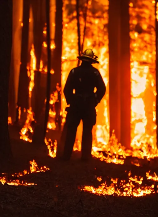 Image similar to a 3 5 mm photo from the back of a firefighter standing in front of a burning forest, bokeh, canon 5 0 mm, cinematic lighting, film, photography, depth of field, award - winning, bokeh