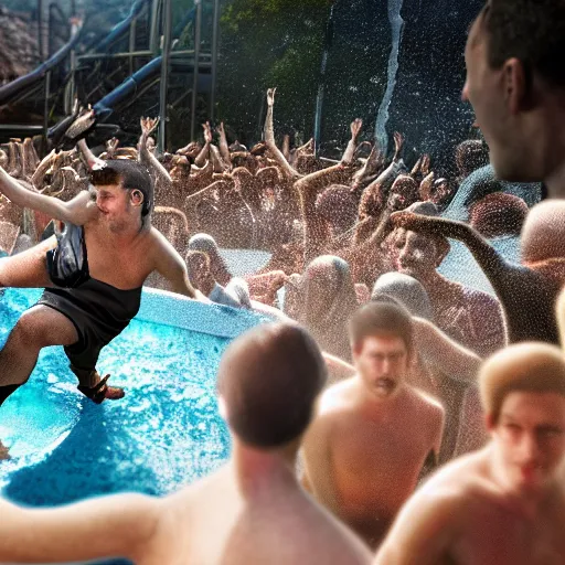 Image similar to hitler in a mosh pit at a water park, volumetric cinematic perfect light, detailed, sony a 7 r, photorealistic, octane render, unreal engine 5, trending on artstation, 8 k