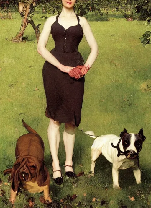 Image similar to illustration full body portrait of elegant slim mature woman standing beside staffordshire bull terrier in orchard, by norman rockwell, roberto ferri, daniel gerhartz, tom lovell, dean cornwell