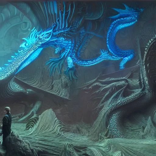 Image similar to Detailed dragon, neon, they are watching, RGB, glowing wires everywhere, pristine, by Edgar Maxence and Ross Tran, Zdzisław Beksiński, and Michael Whelan, distant, gustav dore, H.R. Giger, 8k, octane render