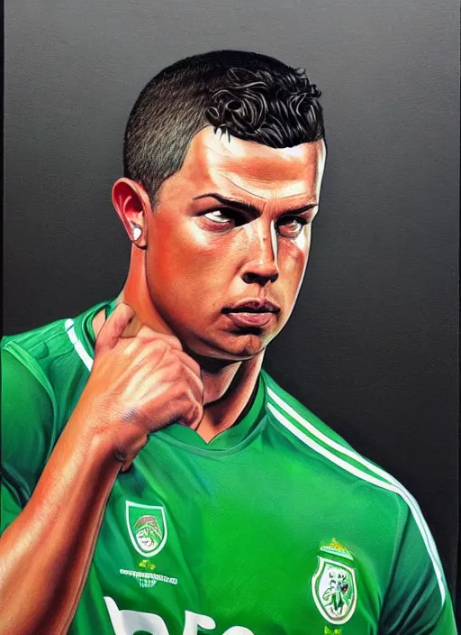 Prompt: portrait of ronaldo nazario, wearing green soccer clothes, very detailed eyes, hyperrealistic, very detailed painting by glenn fabry, by joao ruas, by artgerm