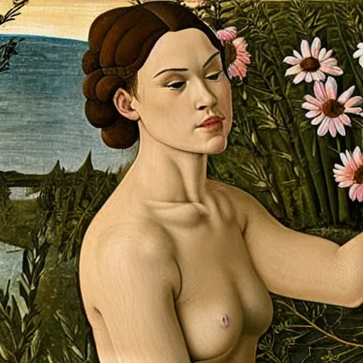 Image similar to sandro botticelli painting of daisy ridley as venus in a lush pond