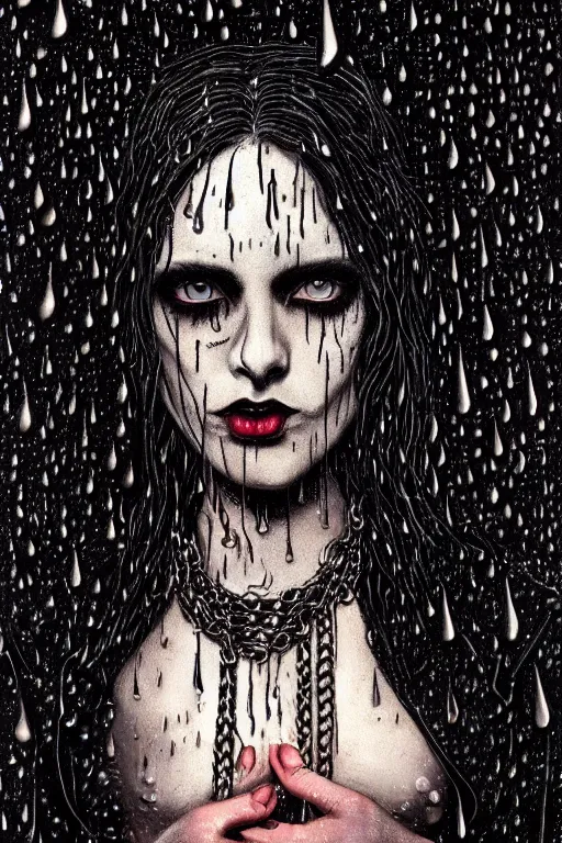 Prompt: crying gothic girl with smoky eyes, black leather slim dress, chains, strong rain night, beautiful body, detailed acrylic, grunge, intricate complexity, by dan mumford and by alberto giacometti, peter lindbergh