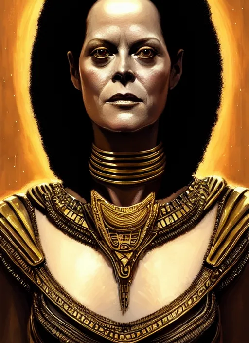 Image similar to sigourney weaver as cleopatra, intricate, elegant, glowing lights, highly detailed, digital painting, artstation, glamor pose, concept art, smooth, sharp focus, illustration, art by artgerm and greg rutkowski, artey freytag