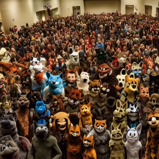 Image similar to a film still of a convention full of furries and fursuiters, directed by andrei tarkovski, cinematic