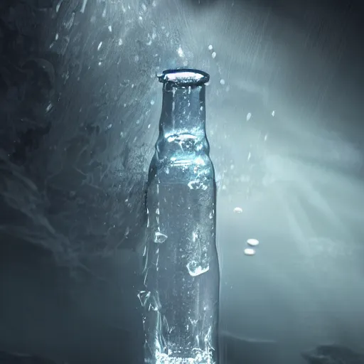 Prompt: a bottle of water falling through the depths of despair, dynamic lighting, photorealistic dark sci - fi concept art, trending on artstation, stunning visuals, creative, cinematic, ultra detailed