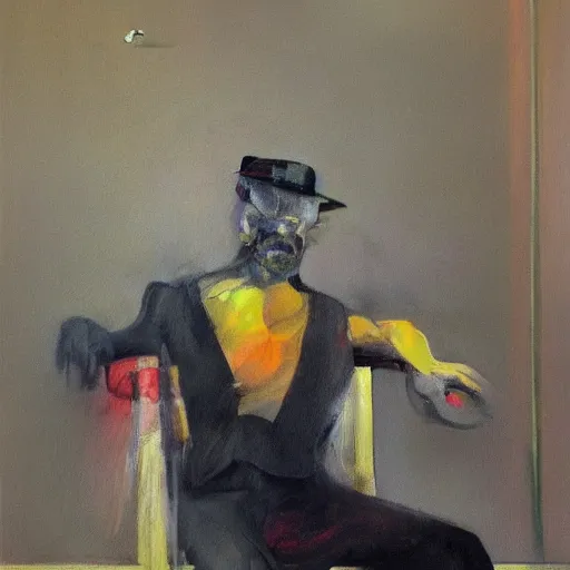 Image similar to a painting of a man sitting in a chair, a fine art painting by francis bacon, trending on artstation, shock art, oil on canvas, macabre, apocalypse art