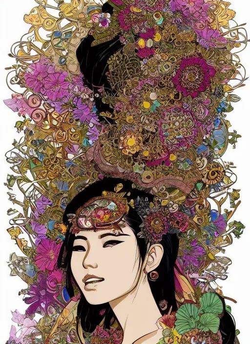 Prompt: !!! very coherent!!! beautiful floralpunk balinese cyborg portrait girl female illustration detailed patterns art of bali traditional dress, flower pop art, floral splash painting, art by geof darrow, ashley wood, alphonse mucha, makoto shinkai, dark shadow