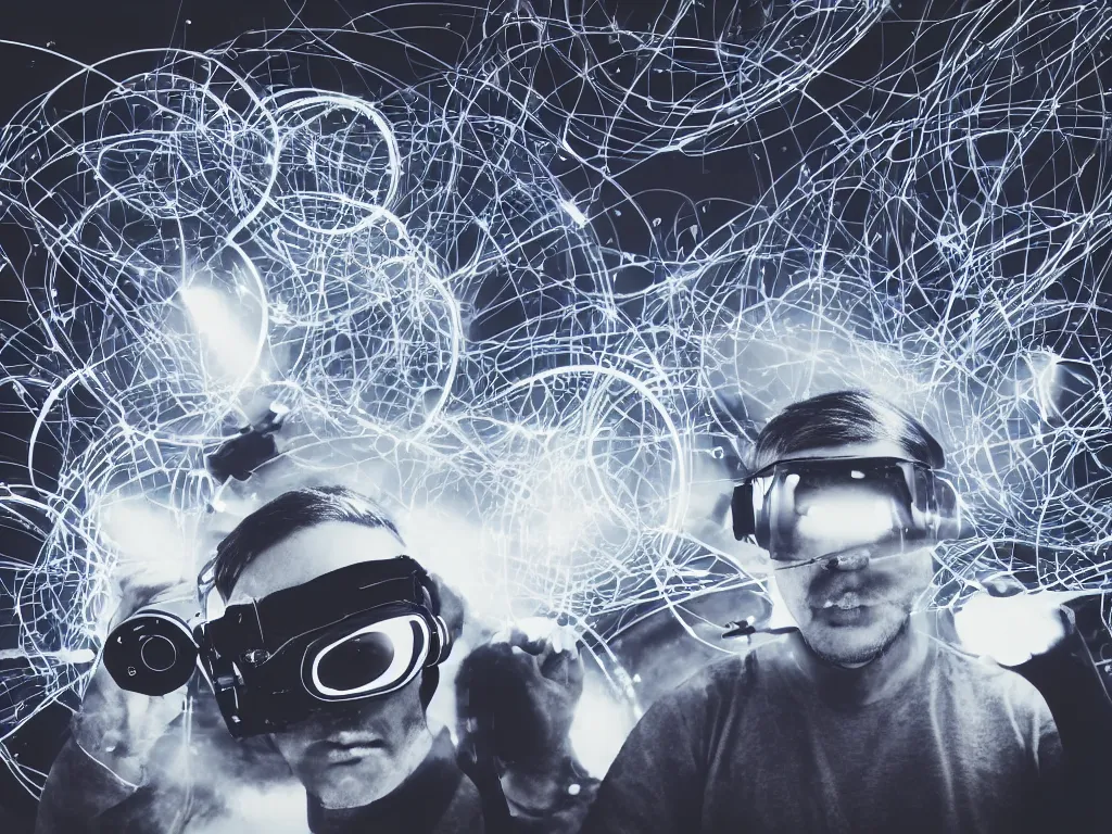 Image similar to a person wearing goggles and visor and headphones using a retro record player contraption, hologram, turntablism dj scratching, light trails, screens, smoky atmosphere, intricate planetary gears, cinematic, imax, sharp focus, leds, bokeh, iridescent, black light, fog machine, hazy, lasers, hyper color digital art