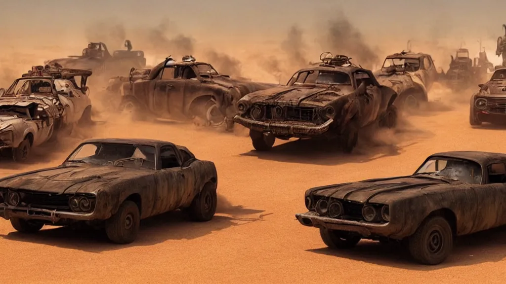 Image similar to mad max cars in a pixar movie