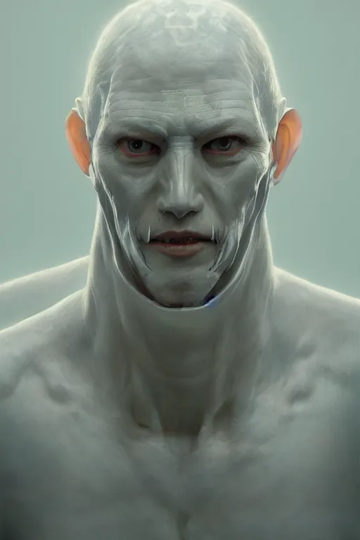 Prompt: a man with a very white and translucent skin, art by James Jean and Wayne Barlowe, high detail, cinematic, cgsociety 8k