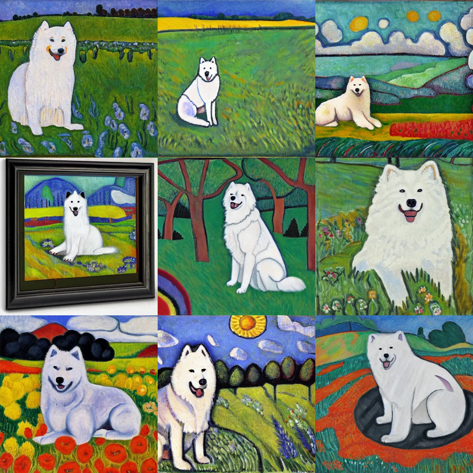 Prompt: a samoyed dog sitting in the middle of sunny meadow, by marsden hartley