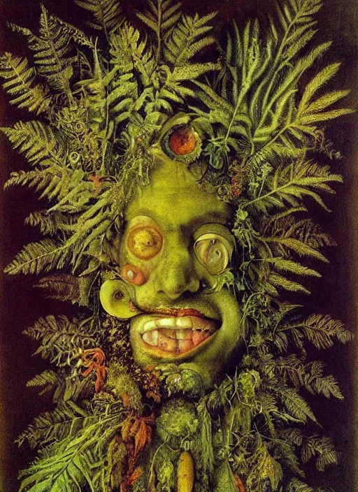 Prompt: a surreal painting of a shaman's face, by Giuseppe Arcimboldo, moss and ferns, symbolist, soft colors, dramatic lighting, smooth, sharp focus, extremely detailed, aesthetically pleasing composition