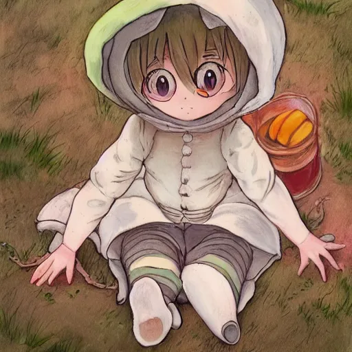 Prompt: little girl, bunny suit, artwork in made in abyss art style, inspired in balthus, clean details, baby color palette, candy, anatomically proportional