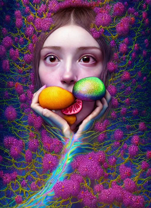 Image similar to hyper detailed 3d render like a Oil painting - kawaii portrait Aurora (brown haired Singer Weasle) seen Eating of the Strangling network of yellowcake aerochrome and milky Fruit and Her delicate Hands hold of gossamer polyp blossoms bring iridescent fungal flowers whose spores black the foolish stars by Jacek Yerka, Mariusz Lewandowski, Houdini algorithmic generative render, Abstract brush strokes, Masterpiece, Edward Hopper and James Gilleard, Zdzislaw Beksinski, Mark Ryden, Wolfgang Lettl, hints of Yayoi Kasuma, octane render, 8k