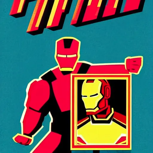 Image similar to retro poster with a painting of a iron man, an art deco painting by tom whalen, trending on behance, art deco, digital illustration, storybook illustration, art deco, flat shading, vector art, airbrush