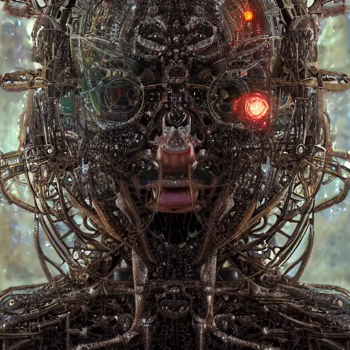 Image similar to timeless cybernetic deity with circuitry skin and networked mind tripping on acid, intricate detail, royo, whealan, giger, klimt, hd, octane render, unreal engine,