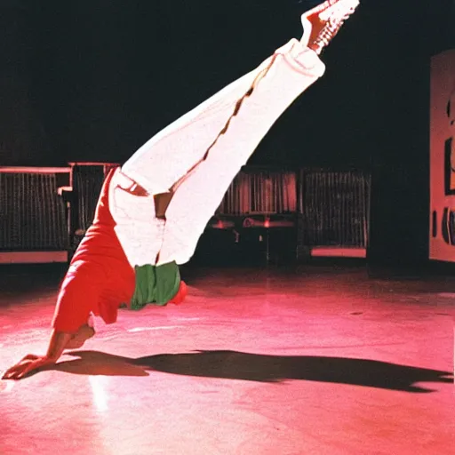 Image similar to Peter Griffin break dancing in a nightclub, 1990 photograph