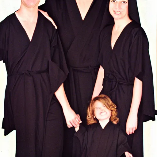 Image similar to 1 9 9 0's sears portrait photo, a family wearing long black cult robes and a giant evil sinister demonic creature