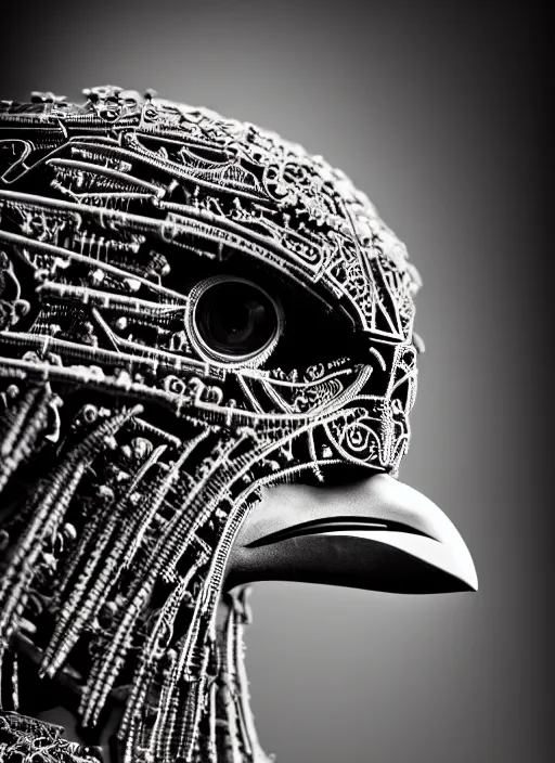 Image similar to a stunning young vegetal female crow - cyborg profile face, face is made intricate tribal bio - mechanical, editorial photography, bw, shot on 7 0 mm, depth of field, f / 2. 8, high contrast, 1 6 k, volumetric lighting, shiny, insanely detailed and intricate, hypermaximalist, elegant, ornate, hyper realistic, super detailed