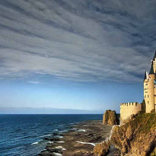 Image similar to photorealistic photograph of a castle with the ocean behind by suzi eszterhas, photorealism, photorealistic, realism, real, highly detailed, ultra detailed, detailed, f / 2. 8 l canon ef is lens, canon eos - 1 d mark ii, wildlife photographer of the year, pulitzer prize for photography, 8 k