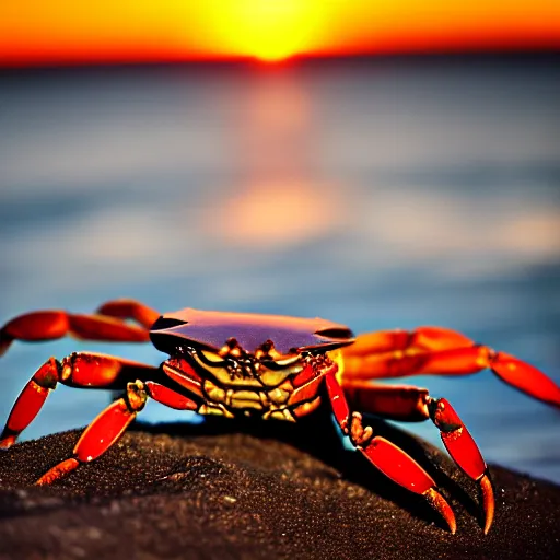 Prompt: crab ( holding a knife in its claw ) nature photography, golden hour