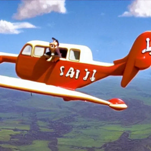 Image similar to Wallace and Gromit flying a plane