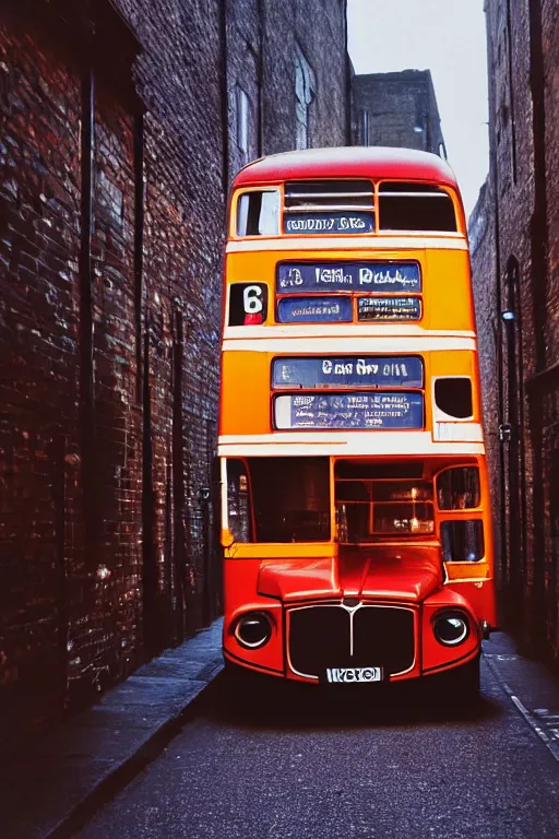 Image similar to a widescreen photo of a old london double - decker bus in a dark alley, low light, by steve mccurry