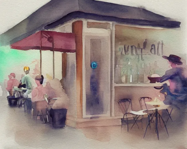 Prompt: a coffee shop smooth light color watercolor illustration by dziuba evgeniya trending on artstation
