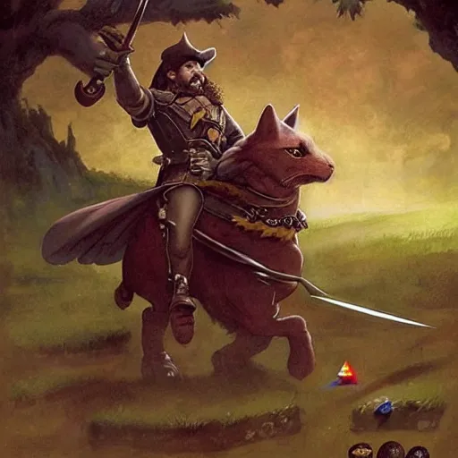 Image similar to ( ( ( brigganock gnome dressed like a musketeer riding a giant tortoiseshell cat ) ) ), d & d, fantasy, medieval, greg rutkowski, frank frazetta, alexandre chaudret, boris vallejo, michael whelan, miro petrov, magali villeneuve