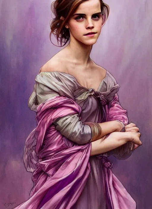 Prompt: emma watson wearing revealing pink and purple silk dress with flounces. beautiful detailed face. by artgerm and greg rutkowski and alphonse mucha