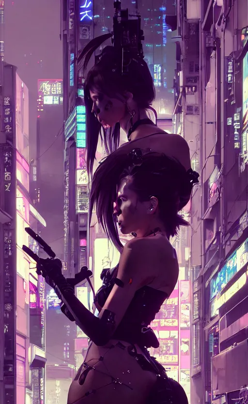 Image similar to hyper - realistic cyberpunk portrait of beautiful! anime woman standing on tokyo street, extreme detail, alluring, in style of yoji shinkawa, pan ren wei, col price, atey ghailan, by greg rutkowski, by greg tocchini, by james gilleard, by joe fenton, by kaethe butcher, grunge aesthetic