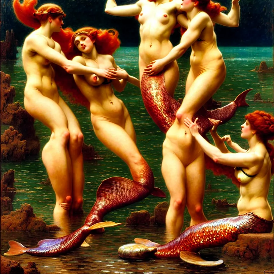 Image similar to mermaids wrestling, hard lighting, graceful, full body, warm lighting, painting by gaston bussiere, craig mullins, j. c. leyendecker, lights, art by ernst haeckel, john william godward, hammershøi