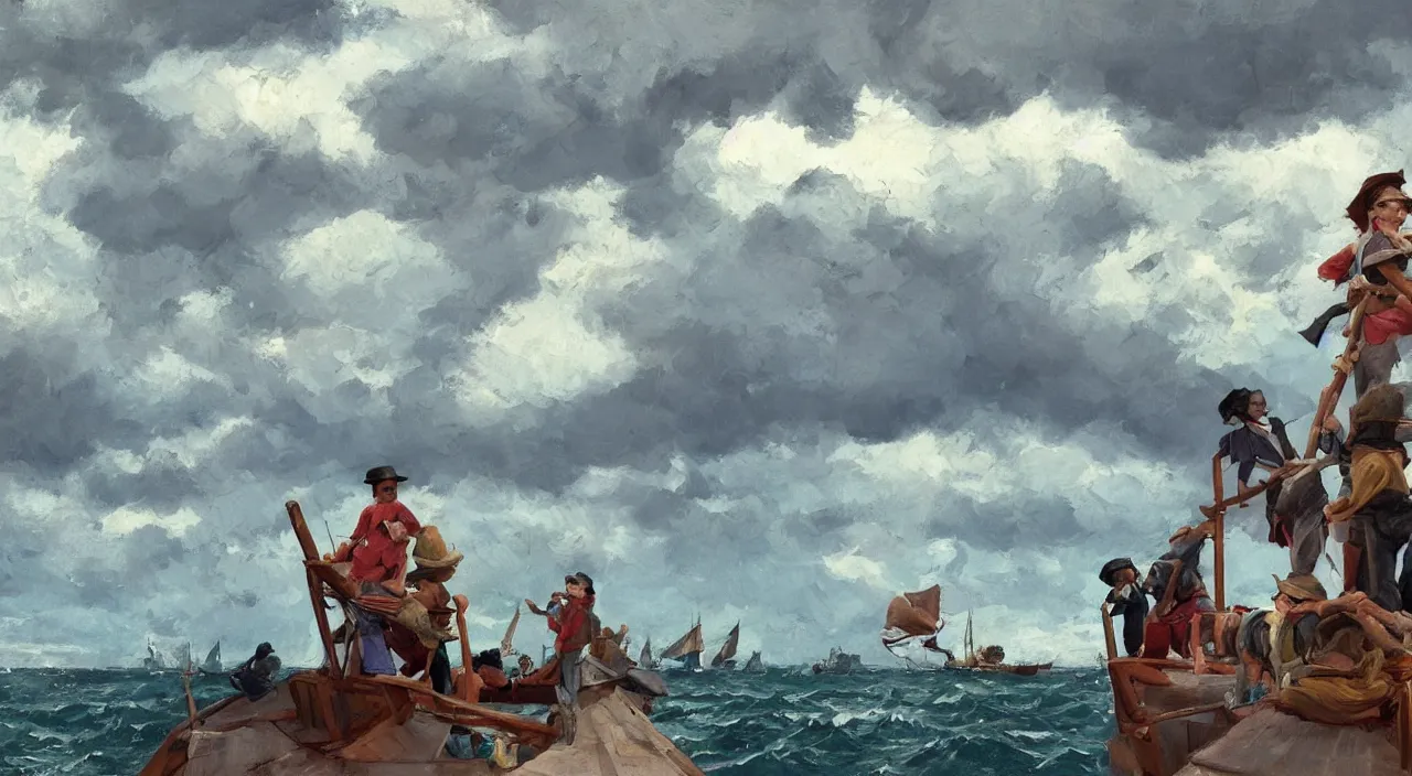 Image similar to havanese dogs and men looking worried, standing on top of a barquetine sailing boat, stormy skies, 1 9 0 0, looking out to the see, leaving the port at havana, 1 9 0 0, tartakovsky, atey ghailan, goro fujita, studio ghibli, rim light, dark lighting, clear focus, very coherent