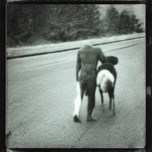 Image similar to creepy grainy polaroid photograph of four legged cryptid with human face and hair dragging a dead body across the street and looking at the camera