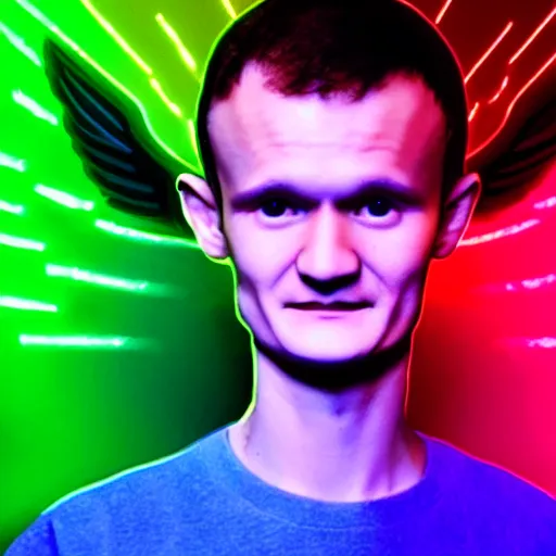 Image similar to vitalik buterin displayed as jesus, halo above his head and angel wings. neon glow around him. colors blue and yellow