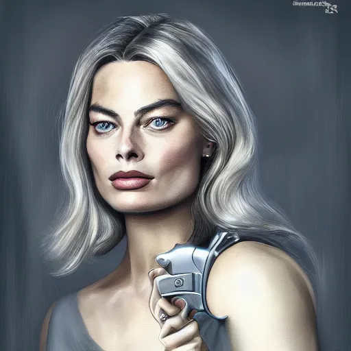 Prompt: a margot robbie wearing a business, she has grey hair and is holding a revolver, digital painting, smooth, hd, realist, artstation, deviantart