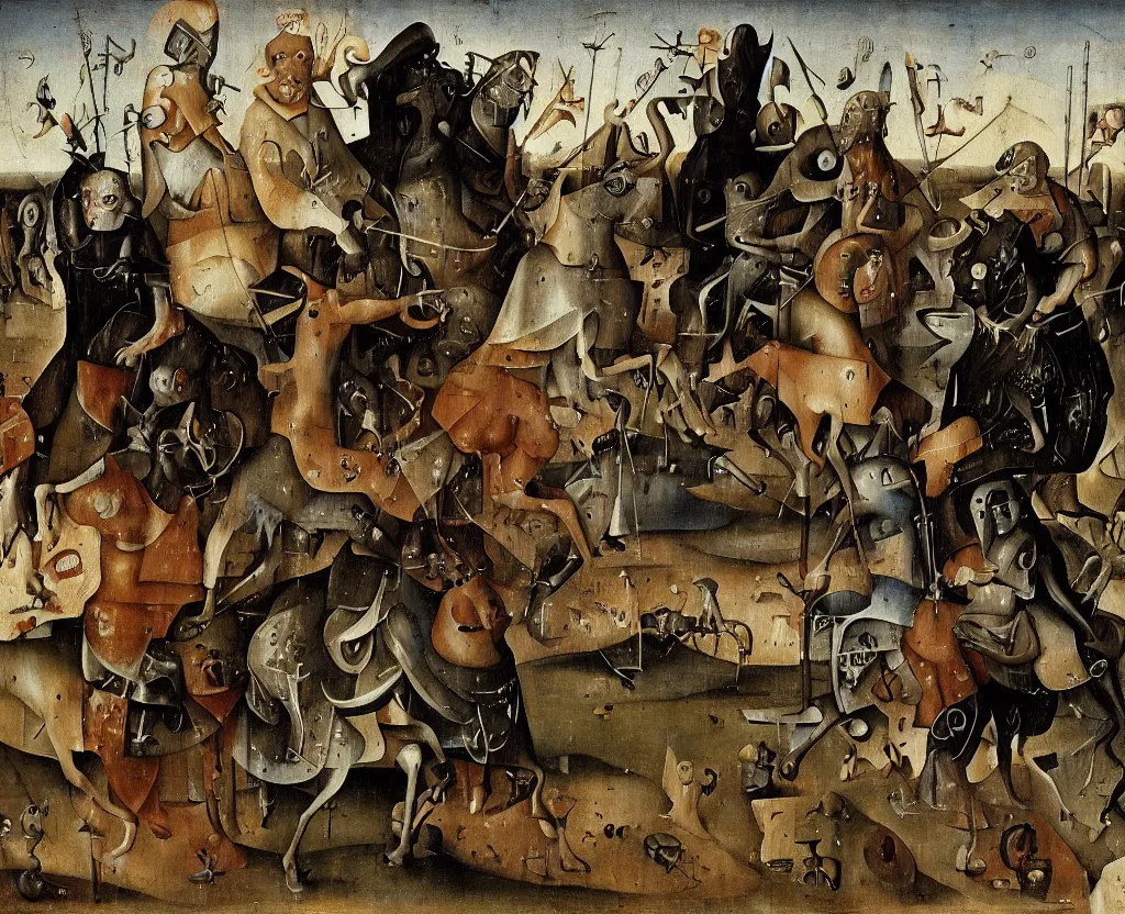 Prompt: the four horsemen of the apocalypse in a modern industrial park as by hieronymus bosch