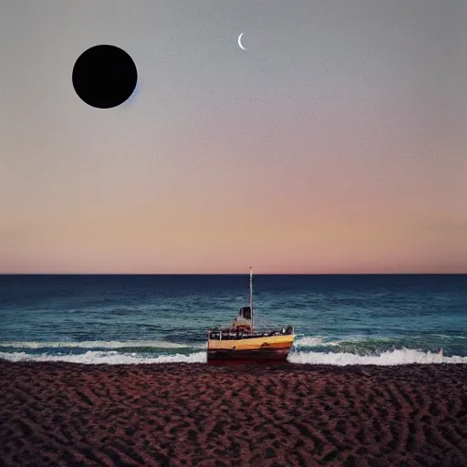 Image similar to album cover with crescent moon over maroon ocean