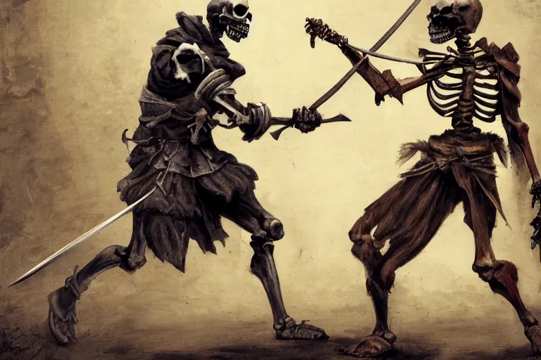 Prompt: man dueling a skeleton warrior with a sword