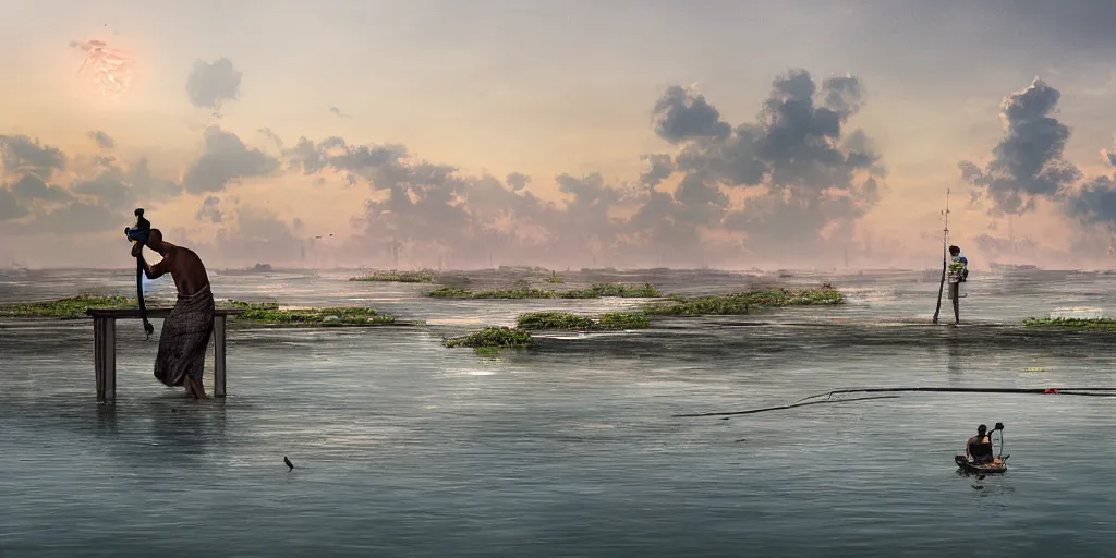 Image similar to fisherman fishing from a rooftop in a submerged sri lankan city, concept art, landscape