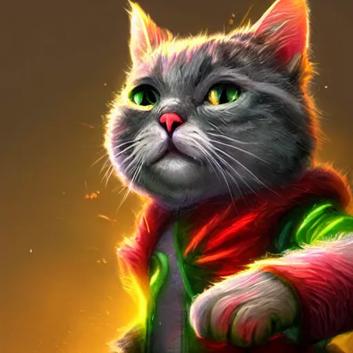 Prompt: close up of furious teemo from league of legends as a grey american shorthair cat, vivid color, neon color, intricate detail, digital painting, particles floating, whimsical background by marc simonetti, artwork by ross tran + ramond swanland + liam wong