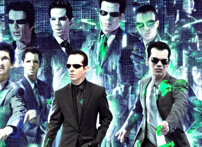 Image similar to tommy tallarico dressed as agent smith from the matrix surrounded by multiple versions of himself with green tint matrix filter