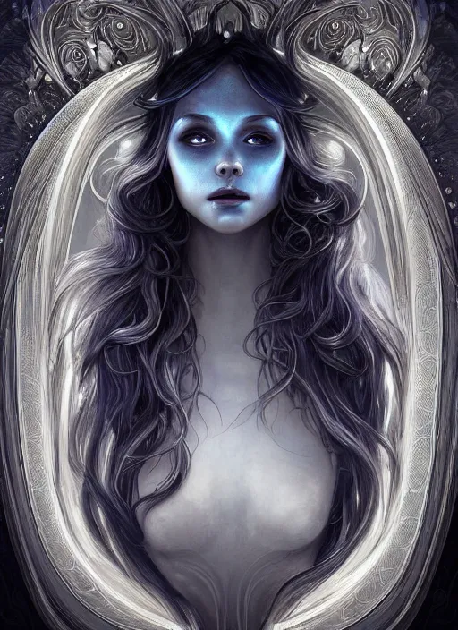 Prompt: a dreamy moody photographic portrait of a anthropomorphic bioluminescent silver wave, dramatic upward lighting, fantasy, intricate, elegant, highly detailed, digital painting, artstation, concept art, smooth, sharp focus, illustration, art by artgerm and h r giger and alphonse mucha